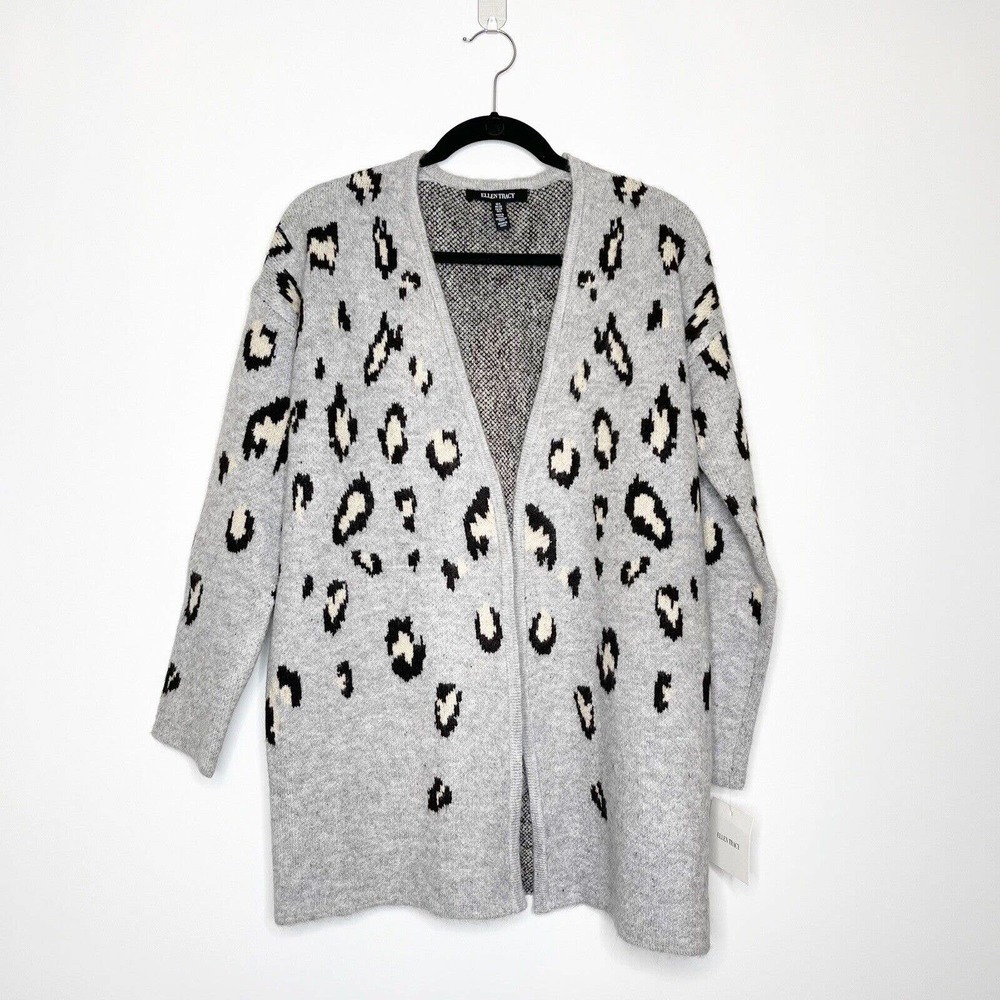 NWT Ellen Tracy Leopard Long Line Open Cardigan Sweater Gray Size S